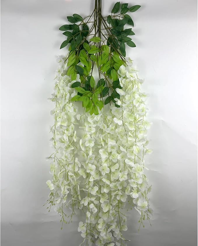 24 Pack Green White Wisteria Hanging Flowers, 3.4 Ft Fake Hanging Flowers, Artificial Wisteria Garland Vines for Wedding Room Backdrop Outdoor Patio Garden Decoration