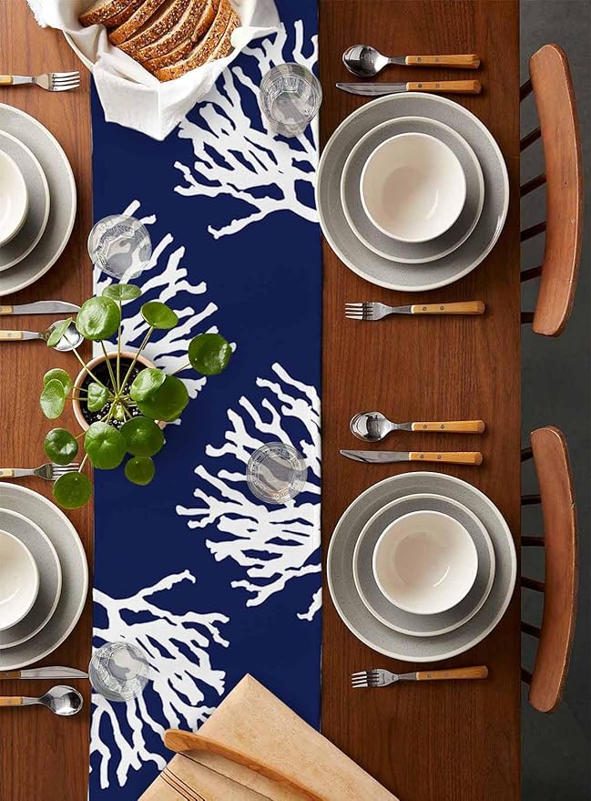 Coastal Coral Cotton Linen Table Runner for Dining Kitchen, Wedding Outdoor Party Tablerunners Decoration, Navy Blue Nautical Ocean Beach Dresser Scarf Coffee Tablecloth Runners 13x120 Inches