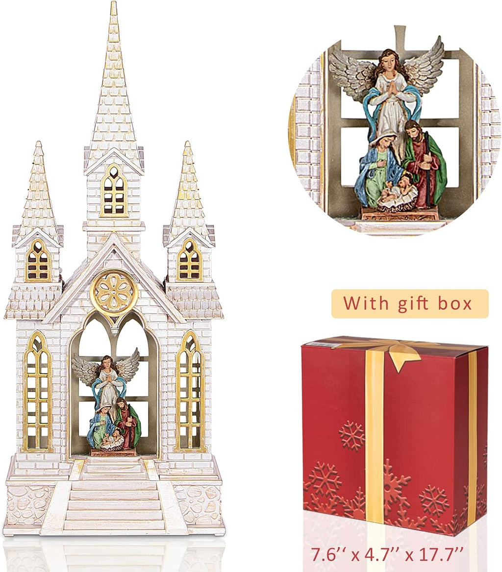 DGSCAK 16" Lighted Musical Church Snow Globe, Nativity Scene Water Lantern with Hand-Painted Holy Family & Angel, Swirling Glitter, 6H Timer, USB or Battery, Christian Christmas Decor
