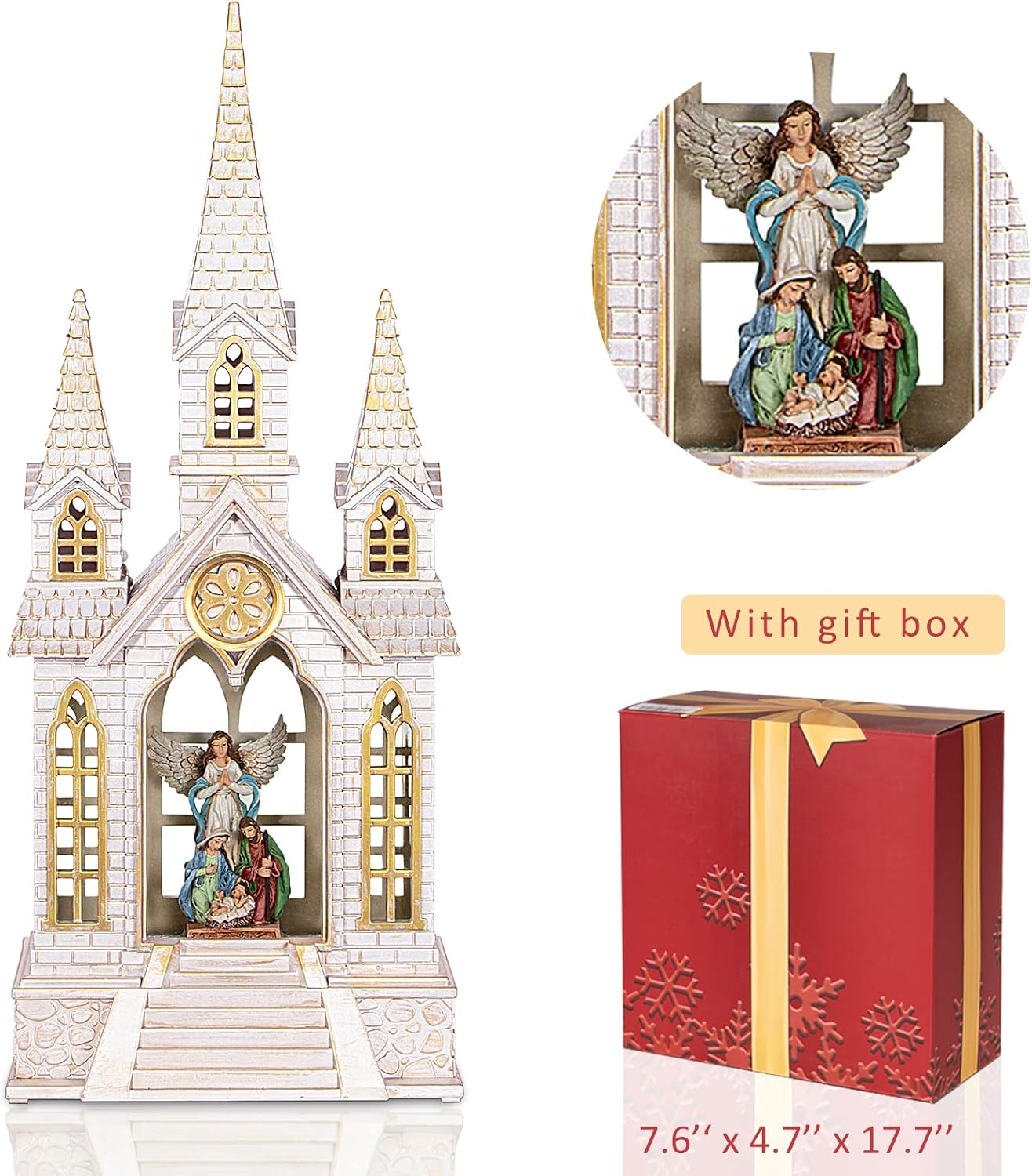 DGSCAK 16" Lighted Musical Church Snow Globe, Nativity Scene Water Lantern with Hand-Painted Holy Family & Angel, Swirling Glitter, 6H Timer, USB or Battery, Christian Christmas Decor