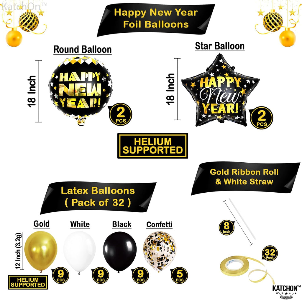 katchon new years eve party supplies set, pack showing dimensions