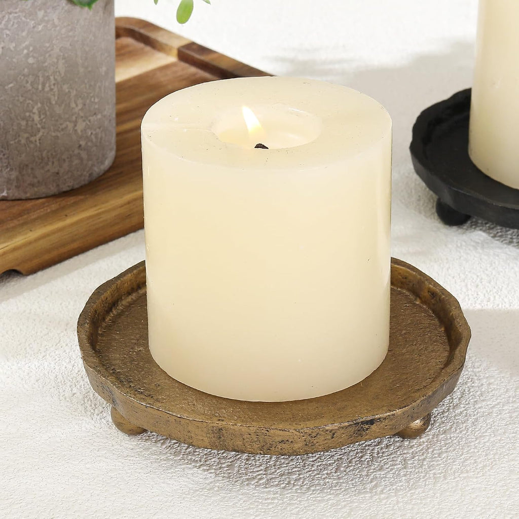 Vintage Cast Iron Pillar Candle Holder Plate, Rustic Brass Candle Tray – Round Candle Base Stand for Small Pillar Candles, Table Centerpiece & Home Decor Accent