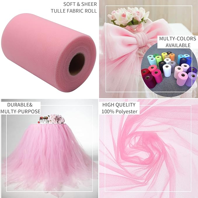 Pink Tulle Fabric Rolls 6 Inch by 100 Yards (300 feet) Fabric Spool Tulle Ribbon for DIY Pink Tutu Bow Baby Shower Birthday Party Wedding Decorations Christmas Craft Supplies
