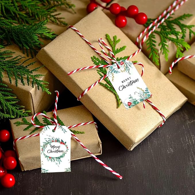 100 Pack Beautiful Christmas Gift Tags， Xmas Beautiful Gift Tags with Jute Twine Baker Twine for DIY Xmas Holiday Present Wrap Stamp and Label Package Name Card