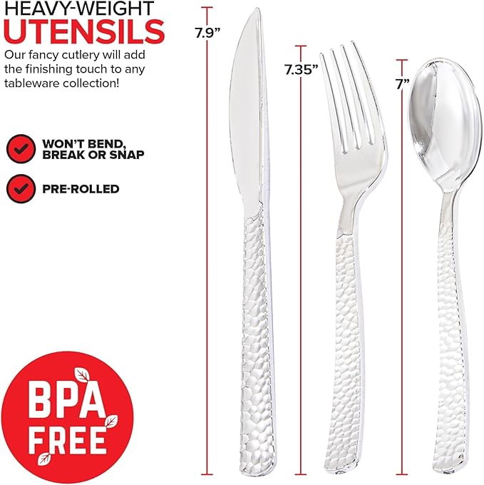 400PCS Pre Rolled Silver Plastic Silverware Sets - Heavy Duty Hammered Silver Cutlery - Include 100 Pack Wrapped Disposable Utensils with Napkins for Parties & Dinners & Weddings