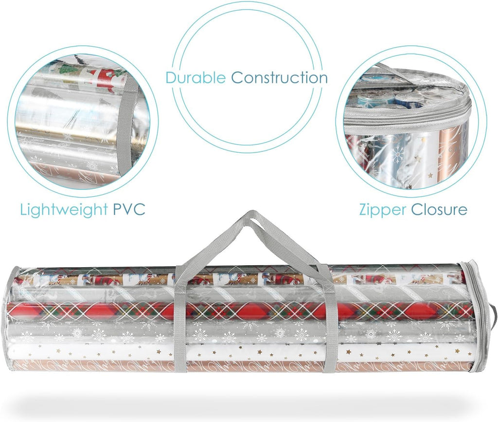 Hearth & Harbor Wrapping Paper Storage Container - Clear Wrapping Paper Holder Fits Up To 14 Rolls of 40" - Tear Proof Gift Wrap Organizer - Premium Bag for Easy Carrying, Silver