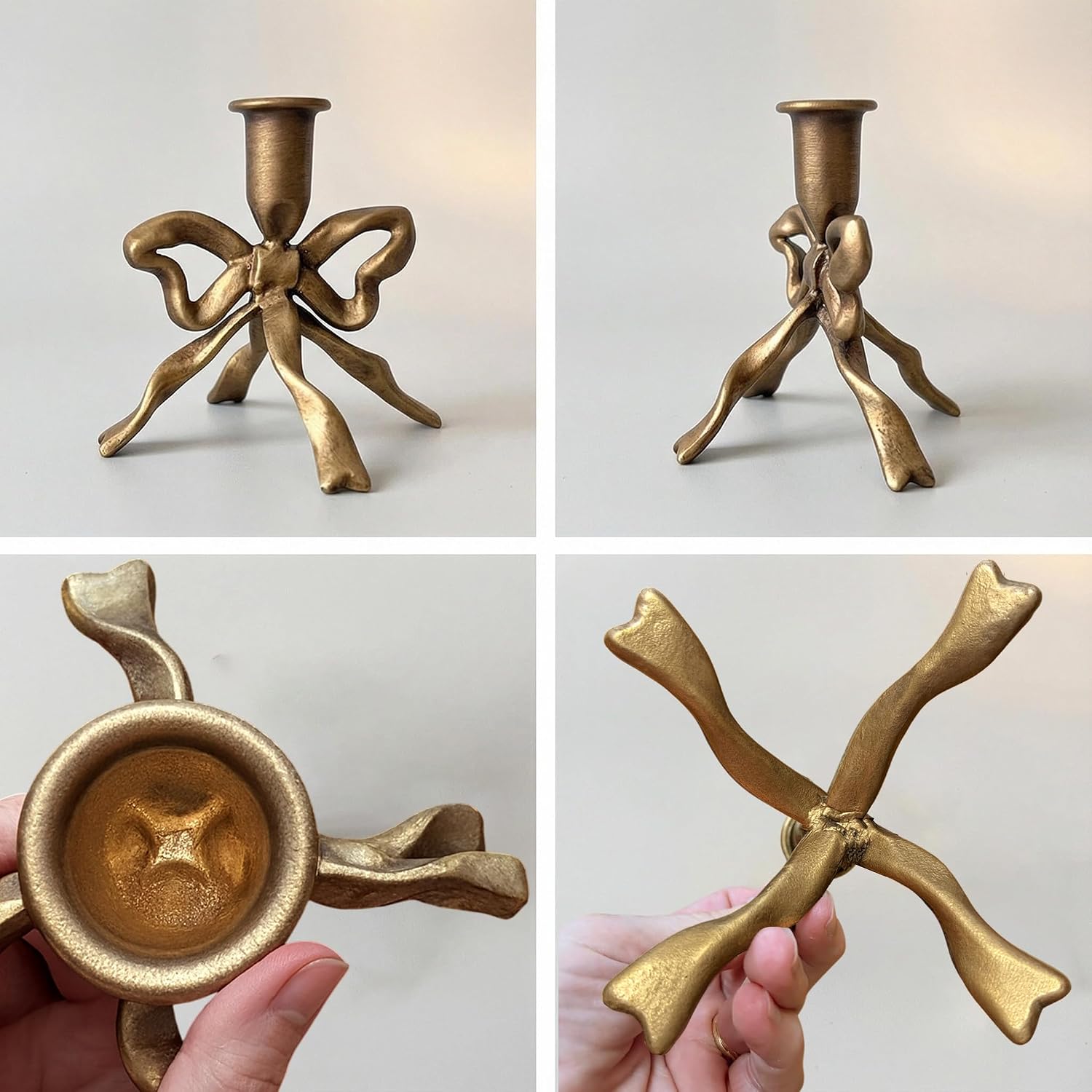 Heavy Cast Iron Dancing Bow Taper Candle Holders, Ribbon-Inspired Sculptural Design, Fits 7/8" Candlesticks, Vintage Metal for Mantel, Tabletop & Seasonal Decor (2, Brass)