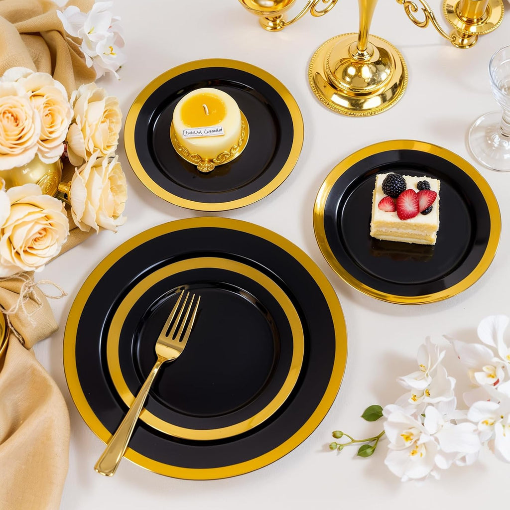 supernal 120-pack black and gold plastic plates, 60 on a desk or shelf