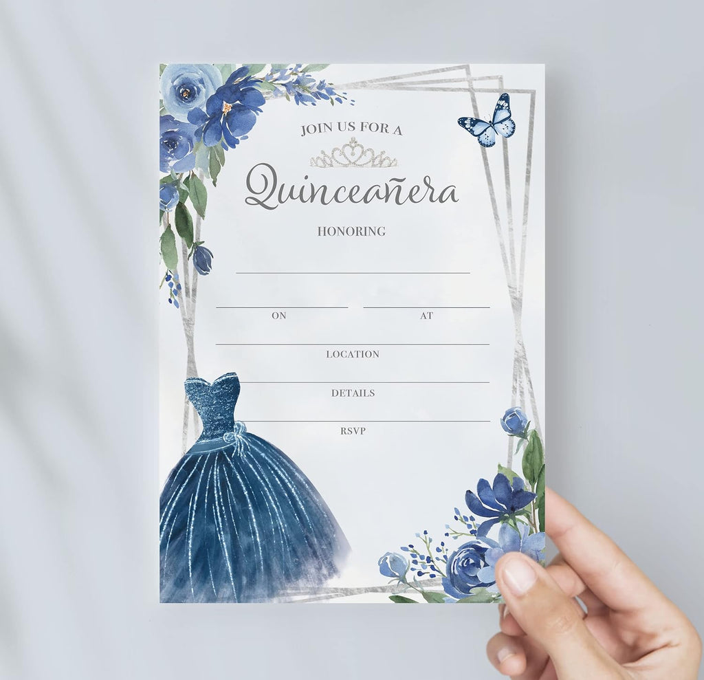 M Market On Mainstreet Quinceanera Party Invitations w/White Envelopes, 25 Count, Made In The USA (25, Blue Quinceanera)