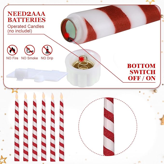 Baquler 6 Pcs Christmas Flameless Taper Candles 10.6 Inch Glitter Candy Cane Candles Battery Operated LED Christmas Candlesticks for Xmas Centerpiece Holiday Party Decor