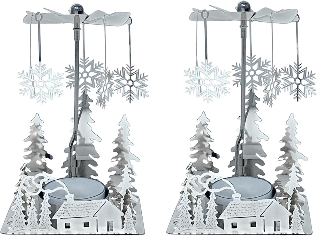 Winter Cabin Holiday Silver Candle Spinners Set of 2 – Silver Plated Laser Cut Christmas Cabin Scene Tea Light Candle Holders with Snowflake Charms – 5" Holiday Tabletop Décor