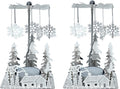 Winter Cabin Holiday Silver Candle Spinners Set of 2 – Silver Plated Laser Cut Christmas Cabin Scene Tea Light Candle Holders with Snowflake Charms – 5" Holiday Tabletop Décor