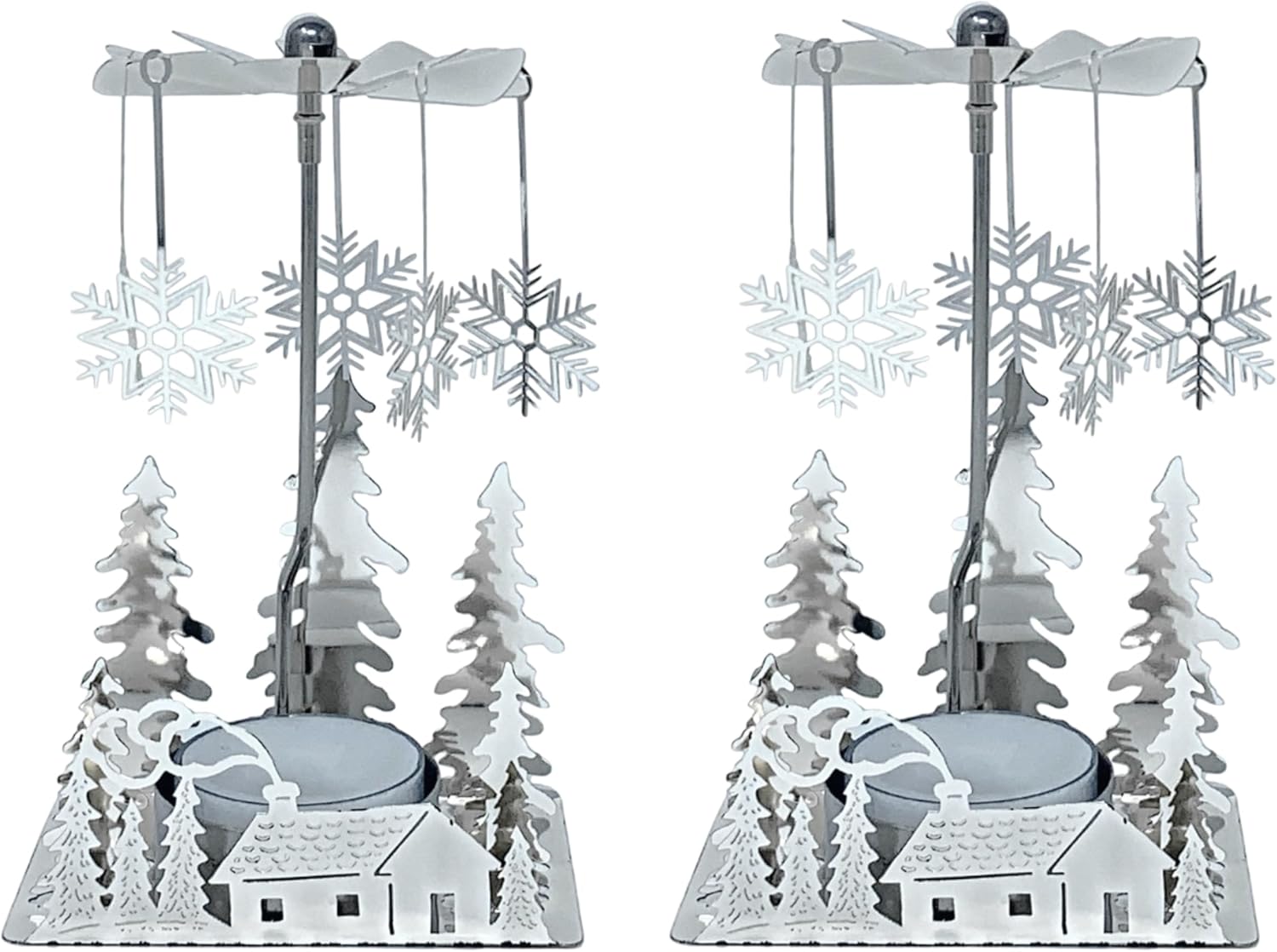 Winter Cabin Holiday Silver Candle Spinners Set of 2 – Silver Plated Laser Cut Christmas Cabin Scene Tea Light Candle Holders with Snowflake Charms – 5" Holiday Tabletop Décor