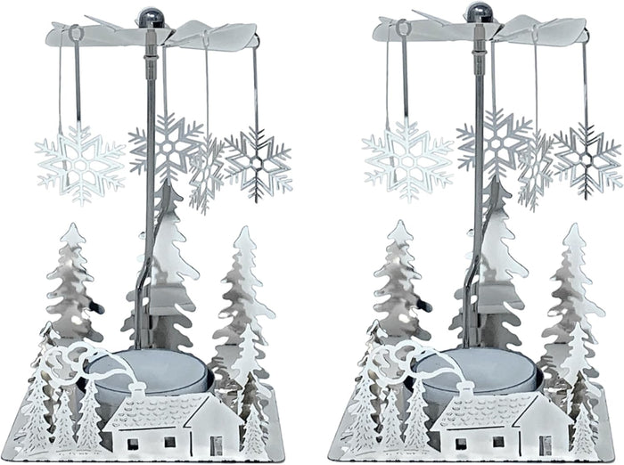 Winter Cabin Holiday Silver Candle Spinners Set of 2 – Silver Plated Laser Cut Christmas Cabin Scene Tea Light Candle Holders with Snowflake Charms – 5" Holiday Tabletop Décor