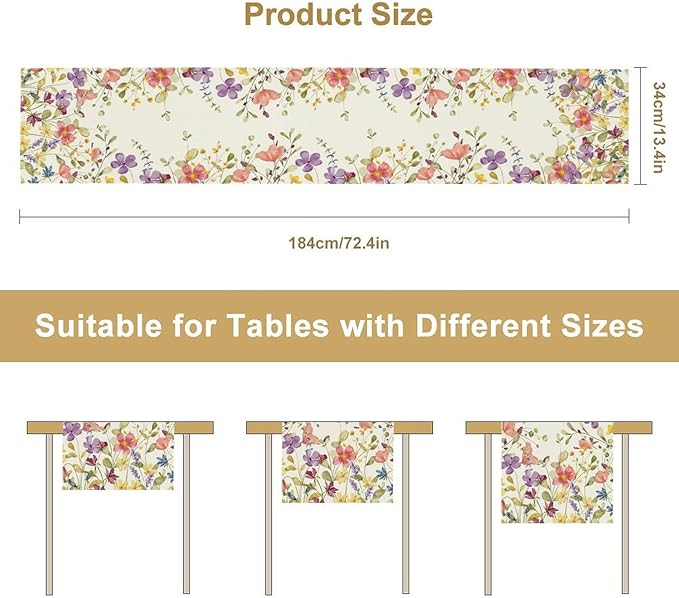 Floral Table Runner,Flowers Plant Print Spring Table Runner for Kitchen Dining Table Decoration for Home Party Decor 13x120 Inch