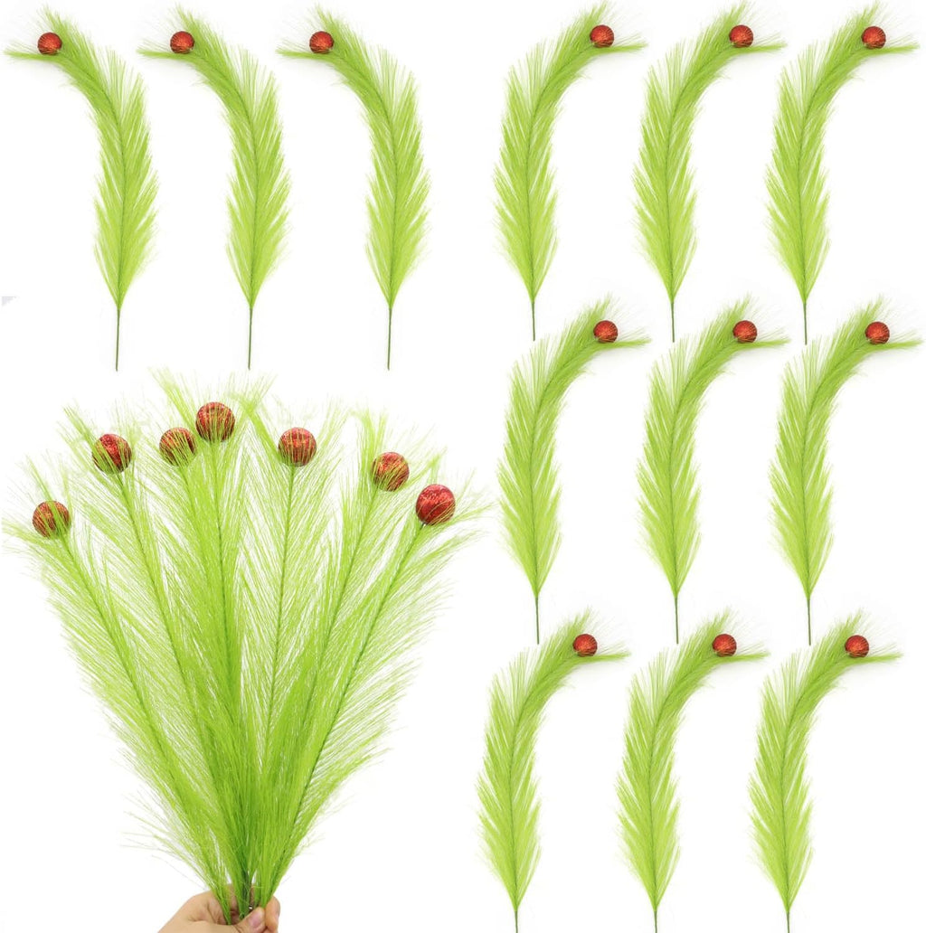 KLEWEE 12 Pcs Christmas Tree Topper 17.4'' Green Christmas Tree Picks and Sprays with Glitter Red Ball Christmas Stems Ornaments for Christmas Tree Decorations Wreath Crafts Vase Filler Decor