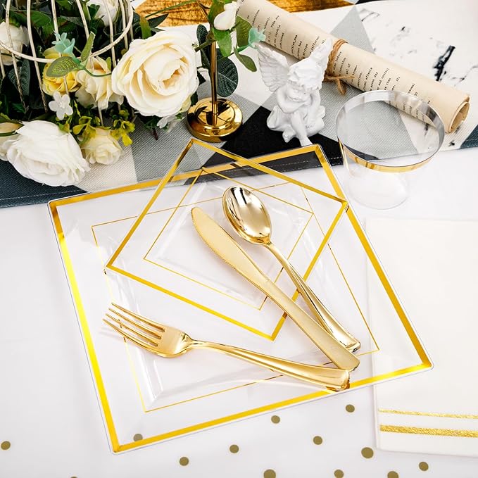 Festiva 176Pcs Clear and Gold Plastic Plates - Square Clear Plates with Gold Trim - Dinnerware Set for 25Guest include Cups Cutlery Napkins for Thanksgiving Party&Wedding&New Year