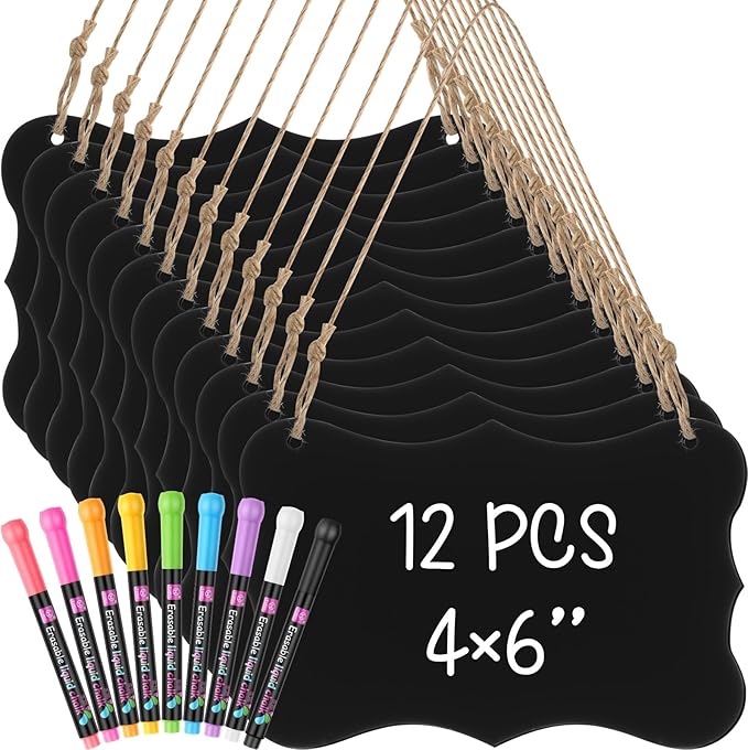 12 Pcs 4 x 6 Acrylic Chalkboard Hanging Sign with Chalk Markers Chalk Board Signs with Hanging String for Wedding Kitchen Home Party Decoration (Arrow)