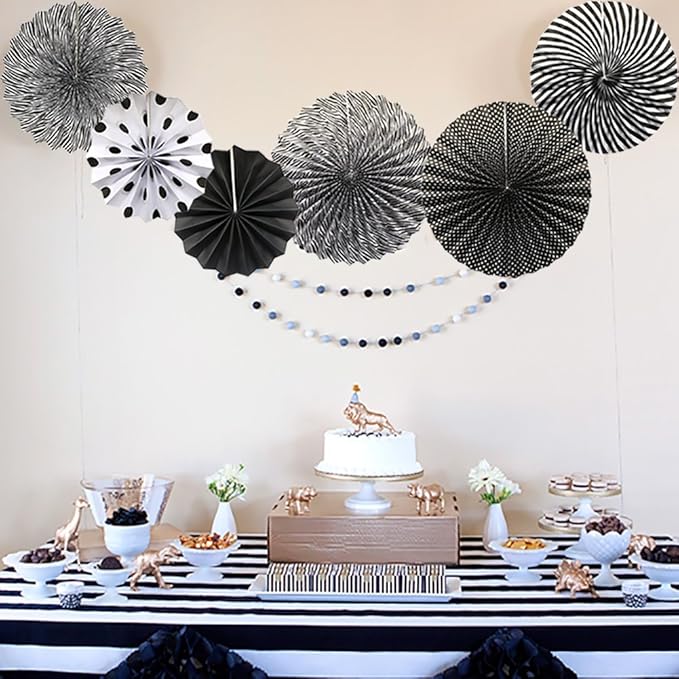 Party Hanging Paper Fans Set, Black Round Pattern Paper Garlands Decoration for Birthday Wedding Graduation Events Accessories, Set of 6