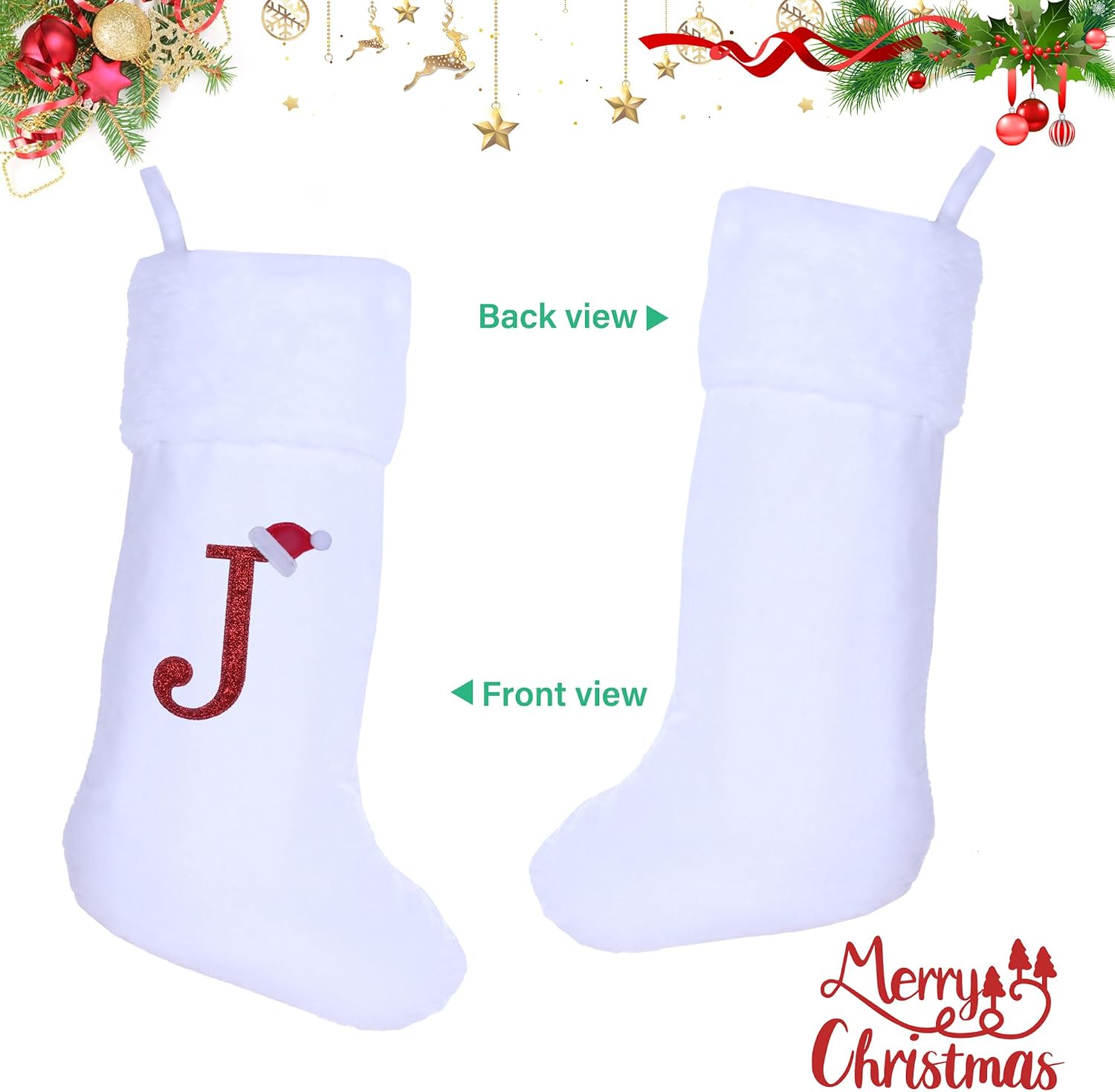 20 Inches Monogram Christmas Stockings with Letters, Large Super Soft Christmas Stockings White Velvet with Super Soft Plush Cuff for Xmas Tree Holiday Fireplace Red Letter J