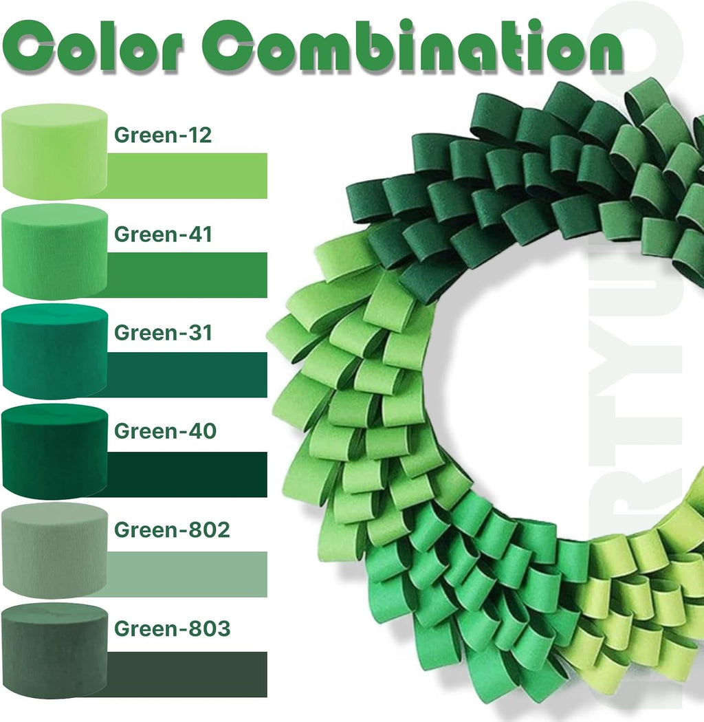 PartyWoo Sage Green Crepe Paper Streamers 6 Rolls 492 ft Pack of Hunter Sage Green Gold Sand White Crepe Paper for Jungle Safari Graduation Birthday Party Decorations (1.8 Inch x 82 Ft/Roll)