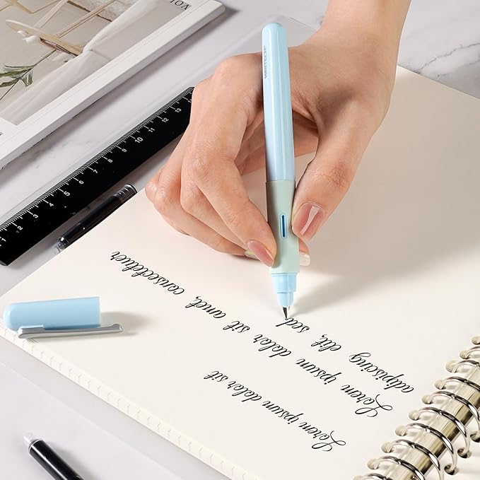 WRITECH Soft Grip Fountain Pen: Black Ink Fine Nib Pen with 1 Replacement Nib Set and 3 Ink Cartridges Smooth Writing for Calligraphy Journaling Gift (Blue)