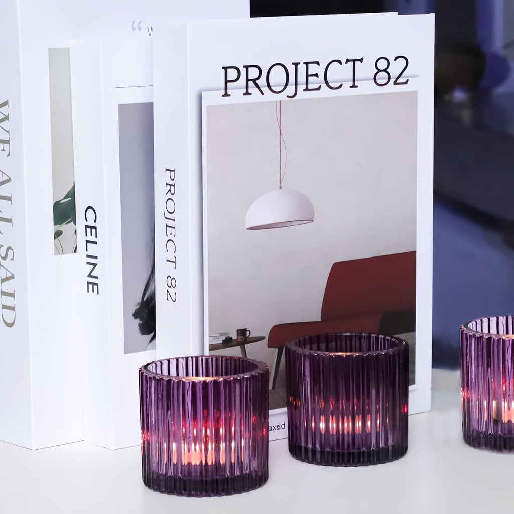 VOHO Large Votive Candle Holders for Table Centerpiece, 6pcs Purple Glass Ribbed Candle Holder for Halloween Decorations, Vintage Tealight Candle Holder for Baby Shower/Easter/Diwali(2.75"W x 2.56"H)