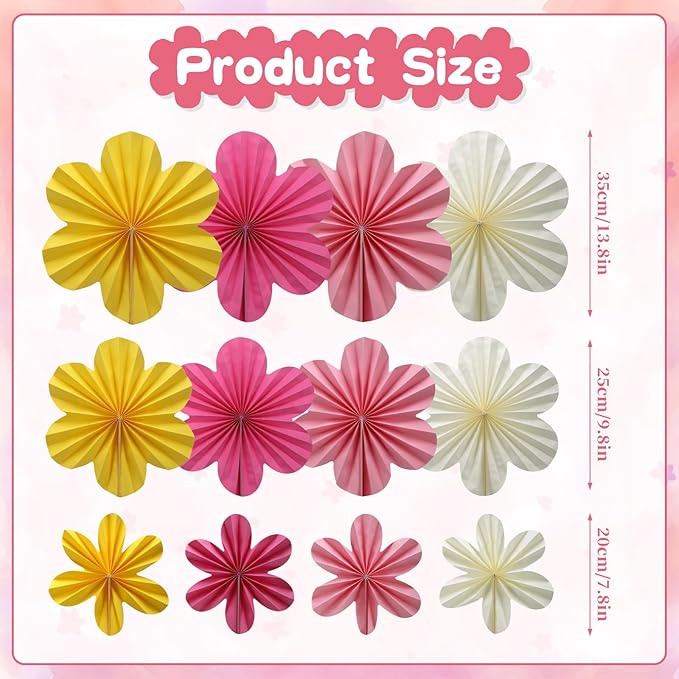 BestoFun 12 PCS Paper Flowers Fans Pink and Yellow Party Decorations Paper Flowers Decorations for Wall Girl Groovy Birthday Baby Shower Wedding Bachelorette Room Hanging Décor