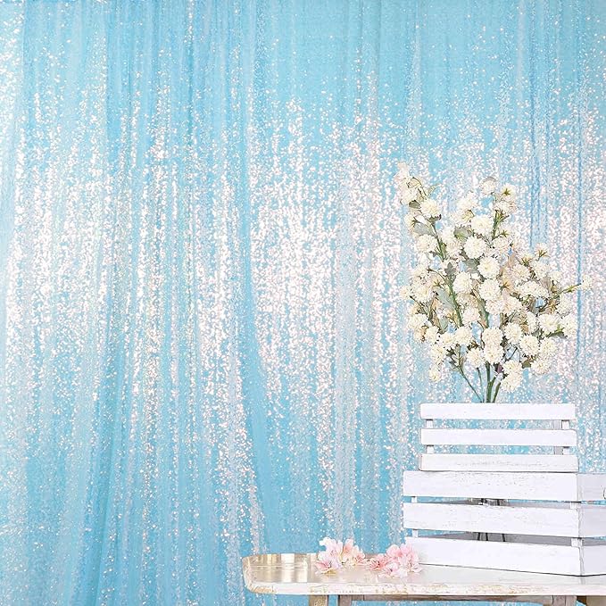 ShinyBeauty 10x10FT Iridescent Aqua Blue Sequin Backdrop Shimmer Wall Photo Background Glitter Curtain for Photography & Events Backdrops