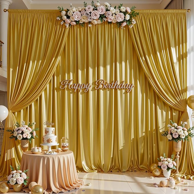 Dark Gold Glitter Backdrop Curtain for Parties Wedding,10Ft x 10Ft Satin Shimmer Photo Backdrop,Non-Wrinkle Sparkle Drapes for Backdrop,Back Drop for Photography, Birthdays,Weddings,Prom