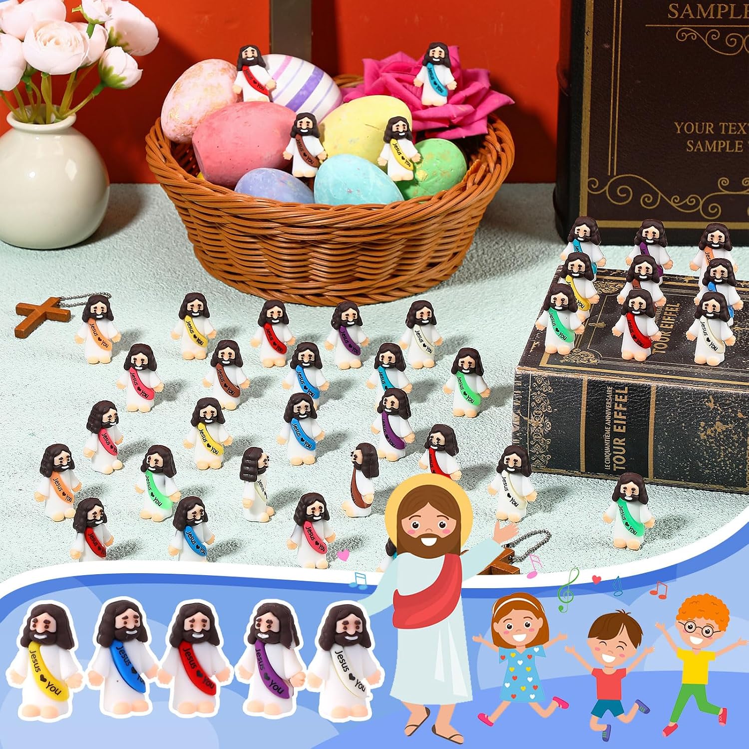 Bememo 400 Pcs Mini Jesus Figures Little Jesus Love You Rubber Action Figures to Hide and Seek for Religious Party Favors Easter Egg Stuffers Sunday Baptism