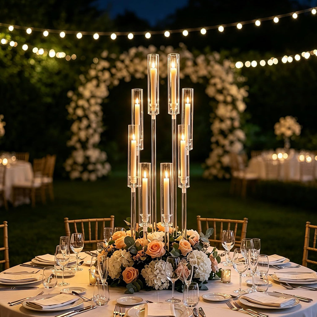 16PCS 8 Arm Acrylic Candelabra Centerpieces for Tables,Clear Candlestick Holders Decor Wedding Centerpiece with Shade for Anniversary Party Brithday candelabros para centros de mesa