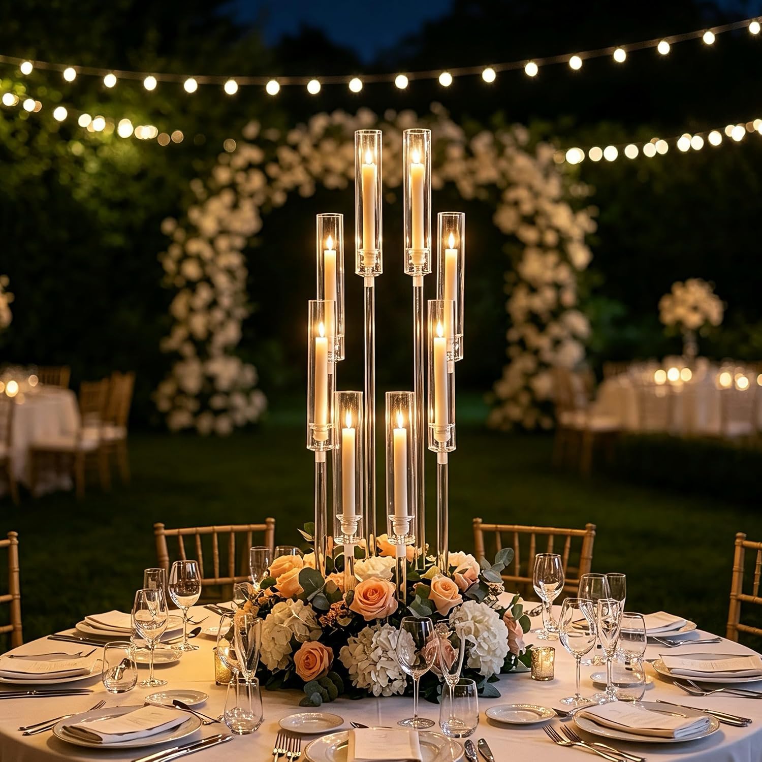 16PCS 8 Arm Acrylic Candelabra Centerpieces for Tables,Clear Candlestick Holders Decor Wedding Centerpiece with Shade for Anniversary Party Brithday candelabros para centros de mesa