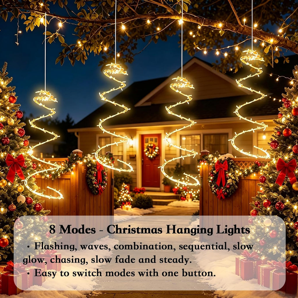 168 led spiral christmas tree hanging lights, warm, close-up detail