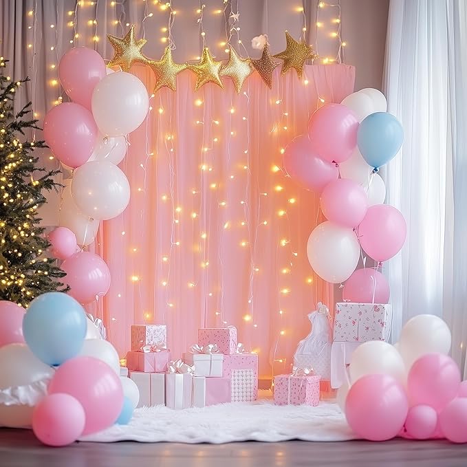 Fomcet Peach Tulle Backdrop Curtains with Lights String 10FT X 10FT Sheer Curtain with Lights for Backdrop Tulle Curtain for Wedding Birthday Party Photo Shoot (2 Panels 5x10FT)