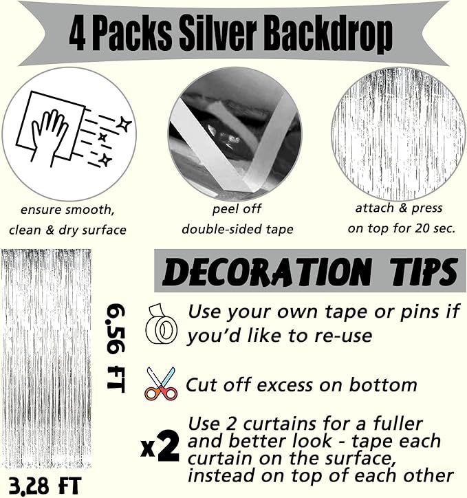 4 Pack Silver Fringe Curtain Backdrop, 3.2Ft x 6.6Ft Metallic Tinsel Foil Fringe Streamers Background for Photo Booth Birthday Wedding Baby Shower Carnival Easter Mother’s Day Party Decorations