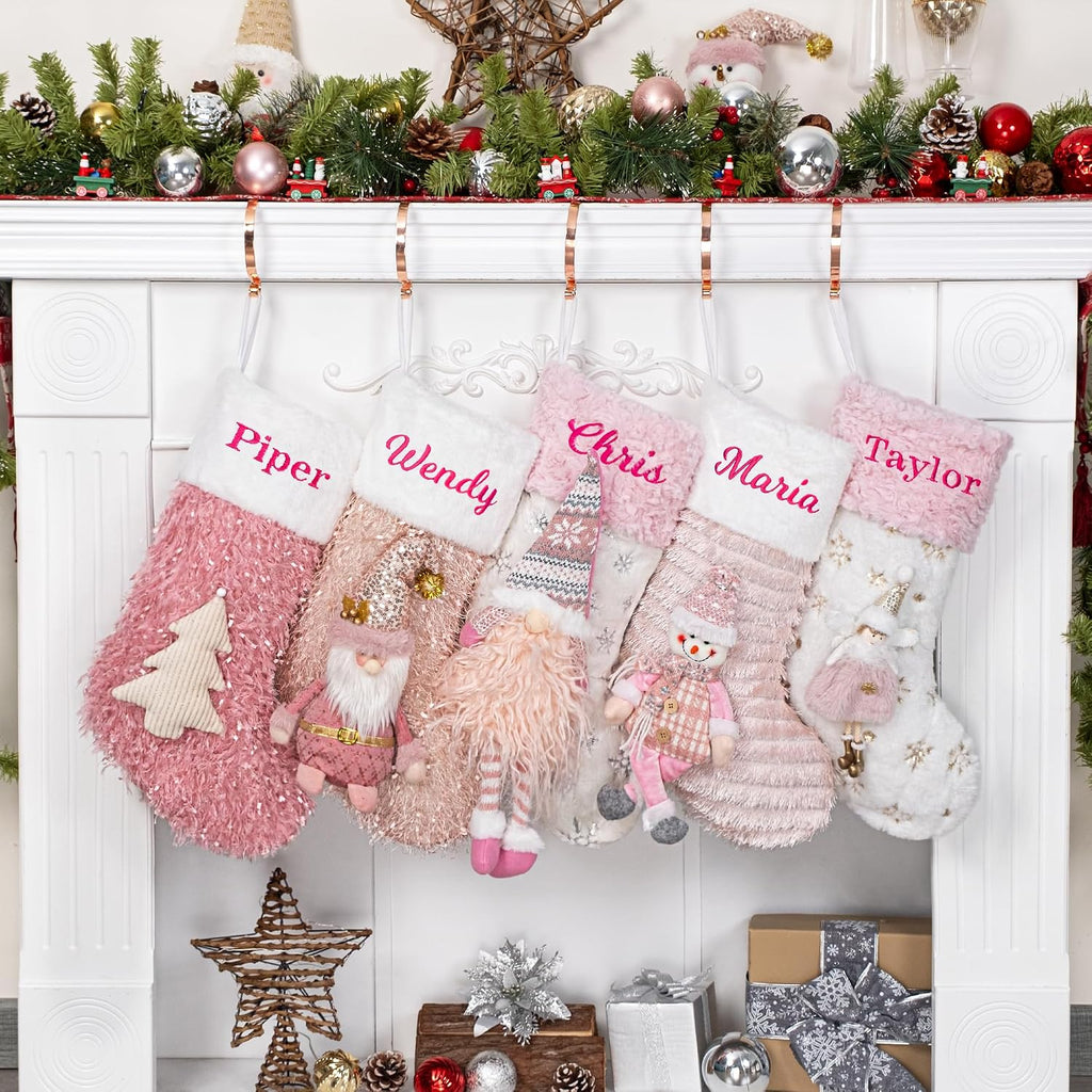 BHD BEAUTY Personalized Christmas Stocking Custom Name 3D Dolls Pink Customized Soft Faux Fur for Family Decorations Hanging Ornament for Xmas Holiday Party 1 Pack