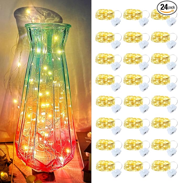 24 Pack Led Fairy Lights - Warm White, Battery Operated LED Silver Wire String Lights, 7FT 20LED Mini Firefly Starry String Lights Waterproof Led Twinkle Lights for Mason Jar DIY Christmas Decor