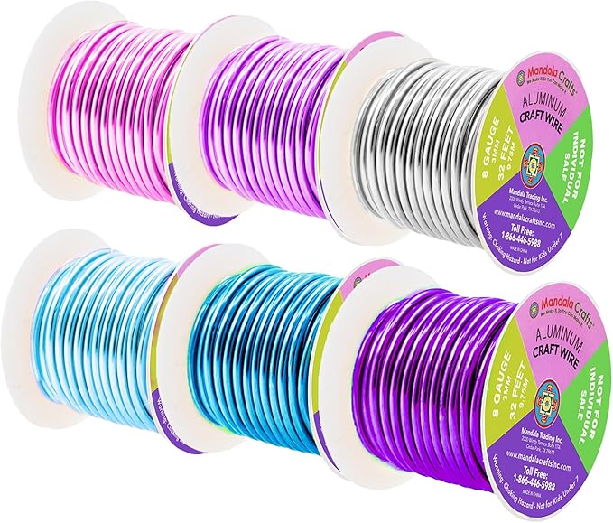 Mandala Crafts 8 Gauge Anodized Aluminum Craft Wire for Jewelry Making - 120 FT Colored Flexible Silver Lavender Purple Pink Ice Blue Turquoise Wire - Bendable for Bonsai Armature Crafting Sculpting