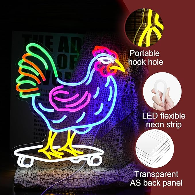 Dimmable Chicken Neon Sign for Wall Decor Funny Skateboarding Rooster LED Neon Light USB Powered Light Up Animal Sign for Bedroom Birthday Party Kids Gifts(16.5 * 13In）