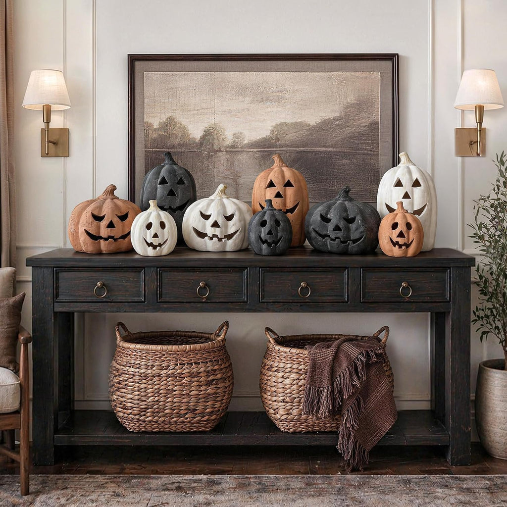 Halloween Decorations - Fall Decor - 7.5"H Black Handmade Terracotta Jack O Lantern Pumpkin for Outdoor Indoor -Cute Spooky Decoration Centerpieces for Tables Porch Yard Home Kitchen Front Door Mantel