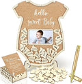 Wenqik 63 Pcs Bodysuit Baby Shower Guest Book Alternatives Set Baby Shower Decorations with Photo Frame Sonogram Frame Keepsake 60 Wood Slices Guest Book for Birthday