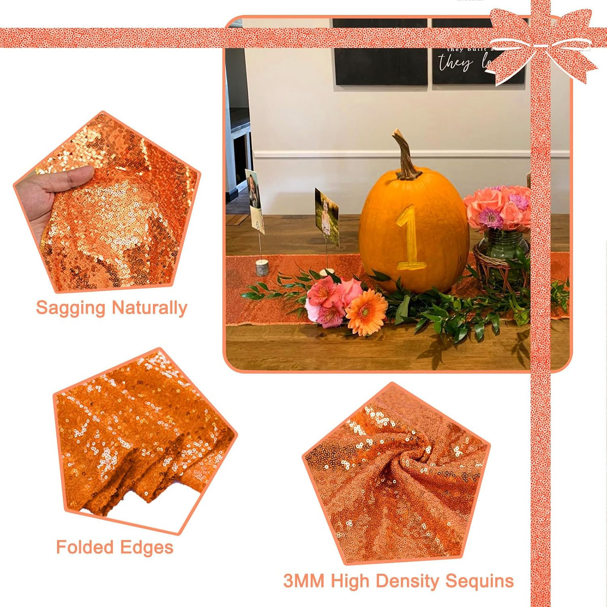 12 Pack Orange Sequin Table Runners, 12x108 inch for Fall Decor