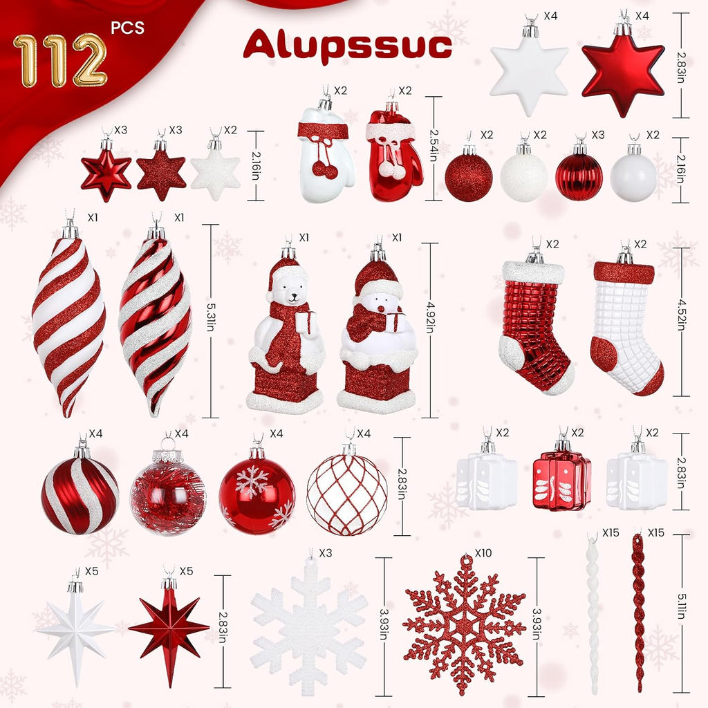 Alupssuc 112pcs Christmas Balls Ornaments Set, Shatterproof Plastic Baubles Christmas Penguin, Polar Bear for Xmas Tree Holiday Wedding Party Decorations with Hanging Strings, Red and White