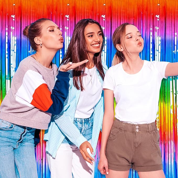 6 PackRainbow Foil Fringe Curtain Backdrop, 3.28Ft x 8.2Ft Metallic Tinsel Foil Fringe Streamer Curtains for Photo Booth, Birthday, Wedding, New Year Party Decorations