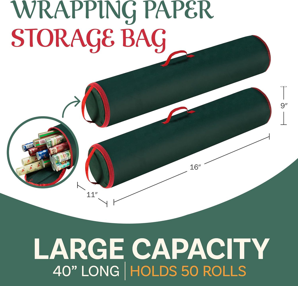 Set of 2 Wrapping Paper Storage Bags - Zippered Canvas Totes with Sturdy Nylon Handles - Fits Up to 40-Inch Rolls of Gift Wrap by Elf Stor (Green)