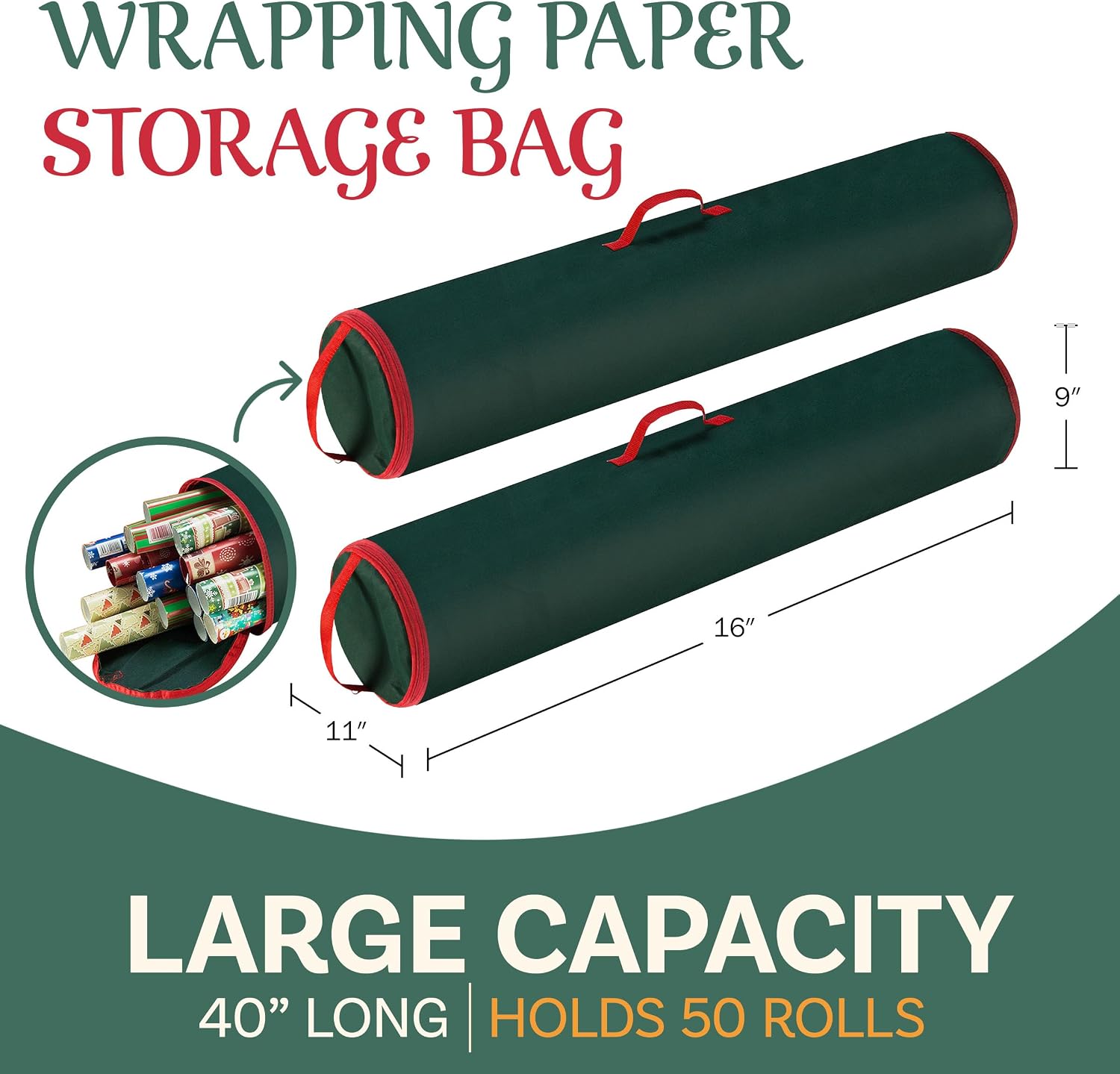 Set of 2 Wrapping Paper Storage Bags - Zippered Canvas Totes with Sturdy Nylon Handles - Fits Up to 40-Inch Rolls of Gift Wrap by Elf Stor (Green)