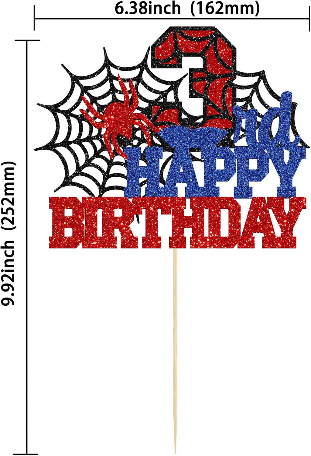 Ephlyn 1Pcs Happy 3rd Birthday Cake Topper Glitter Spider Themed Happy Third Birthday Cake Decor for Men Boy Children Three Years Birthday Party Supplies