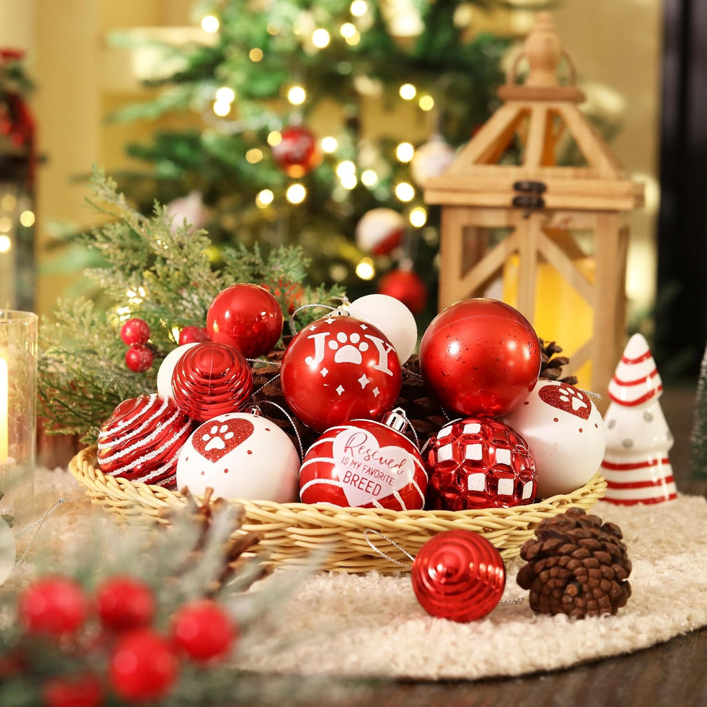 DecorbyHannah Christmas Ornaments Set, 21ct Red and White Ornaments for Christmas Tree Decorations, Pet Dog Shatterproof Plastic Decorative Hanging Ball Bulk for Xmas Holiday Indoor Party Decor