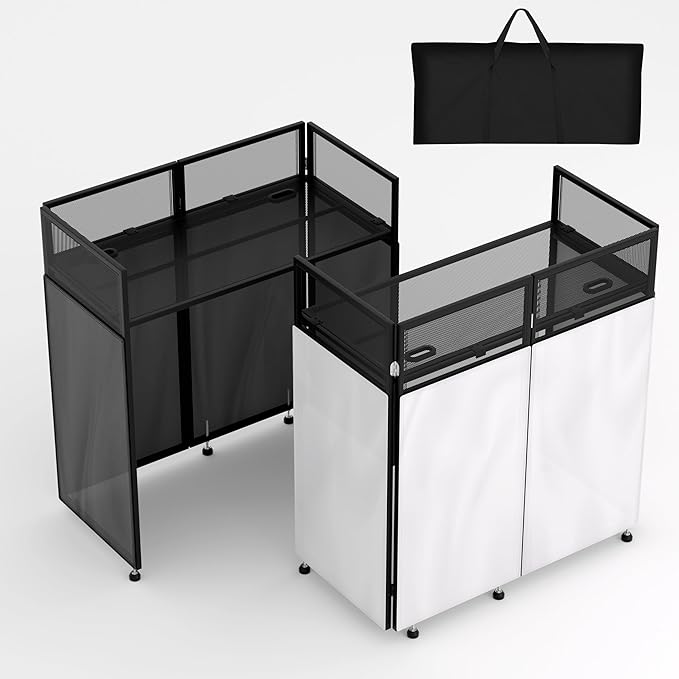LUCKUP Portable DJ Booth 41"L x 20"W DJ Facade with White & Black Scrim, Foldable DJ Table Station with Adjustable Feet for Party, Black Metal Frame